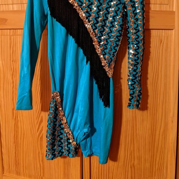 Handmade turquoise/gold/black sequined ice skating/dance jumpsuit with tassels - Picture 3 of 3